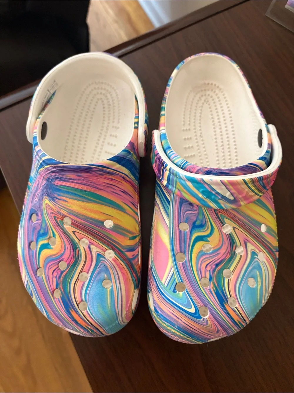 CROCS Kids Marble Pattern Slip-On Clogs in Pink Blue Yellow